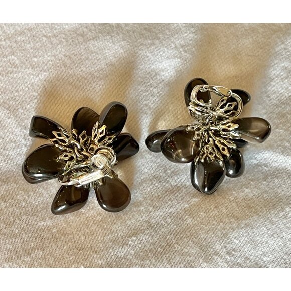Obsidian Flower Clip-On Cluster Earrings vintage Dark Brown - Picture 2 of 5